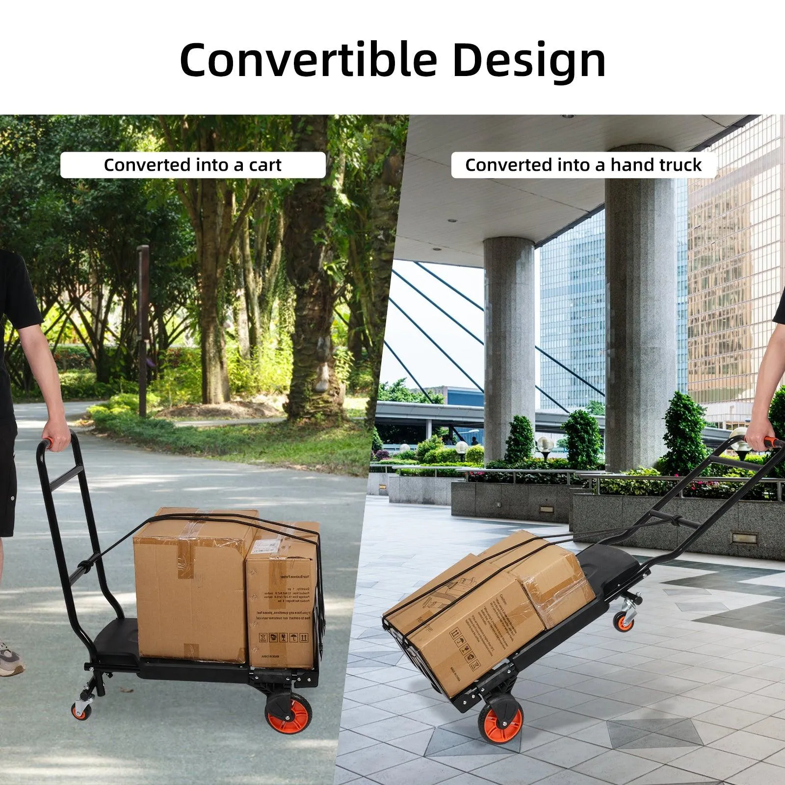 2 in 1 One-Button Folding Hand Truck Folding Portable Flatbed Dolly Cart with Secure Cord, 330lbs Capacity