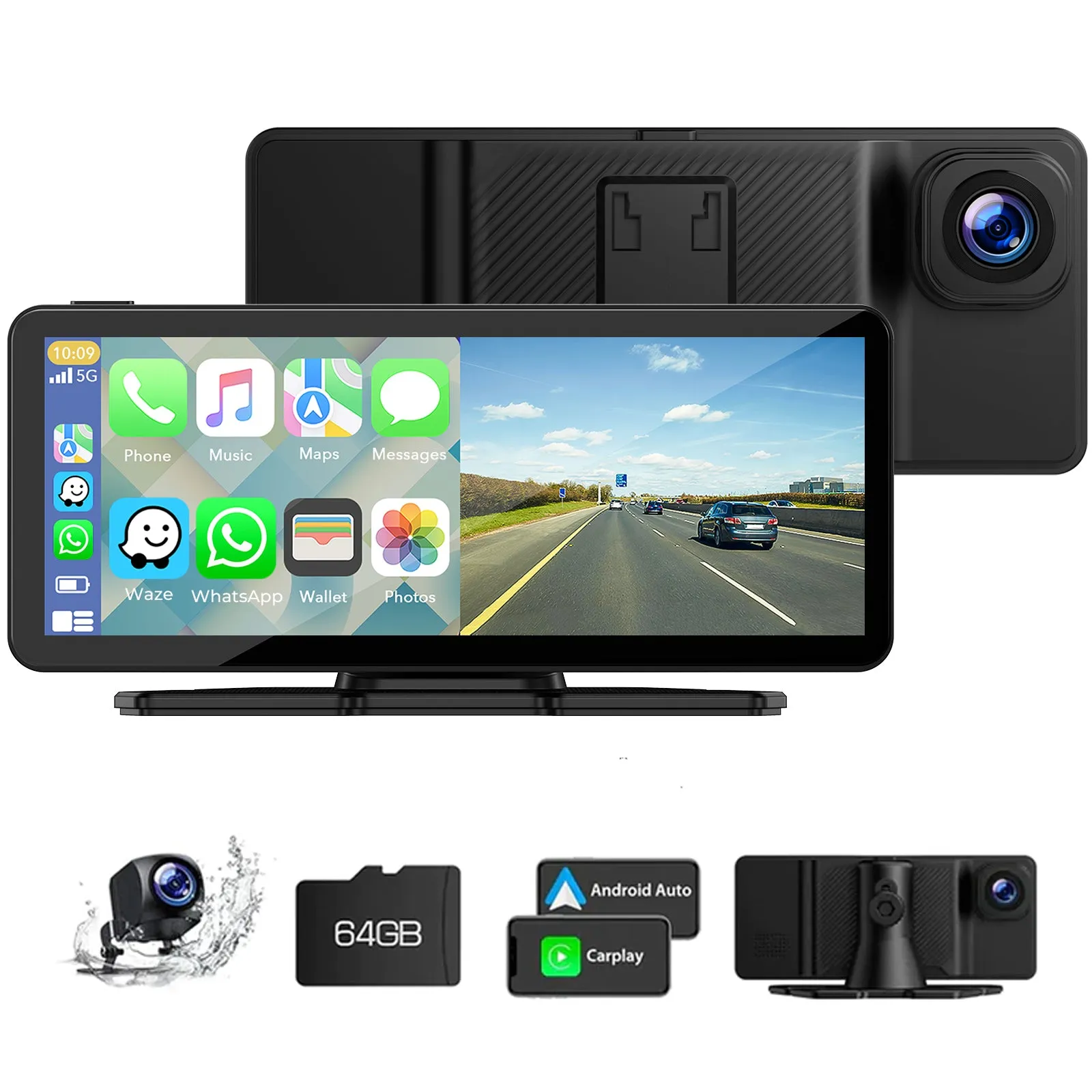 6.86'' Car Stereo Wireless Apple Carplay & Android Auto with 2.5K Dash Cam & 1080P Backup Camera, GPS and 64GB Card