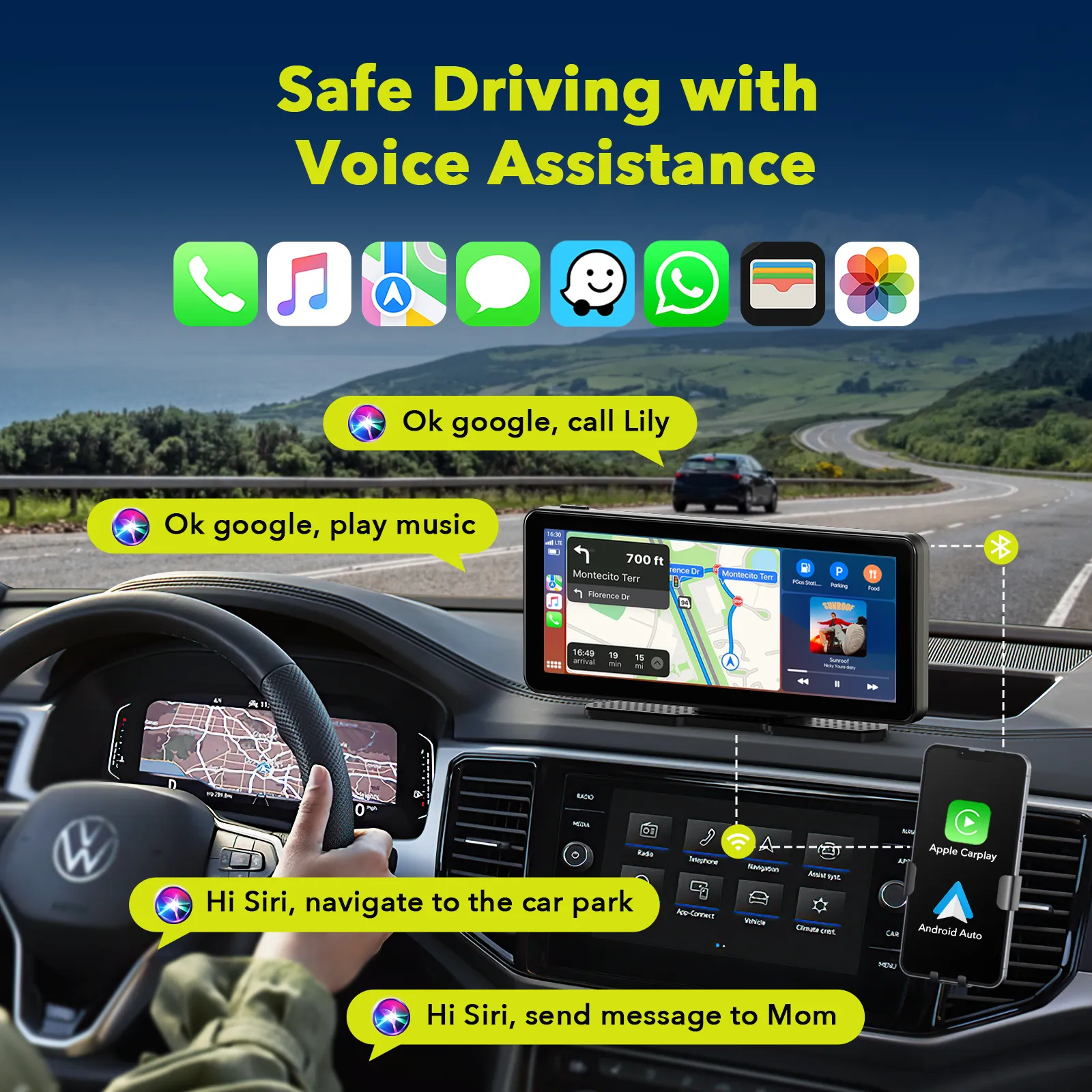 6.86'' Car Stereo Wireless Apple Carplay & Android Auto with 2.5K Dash Cam & 1080P Backup Camera, GPS and 64GB Card