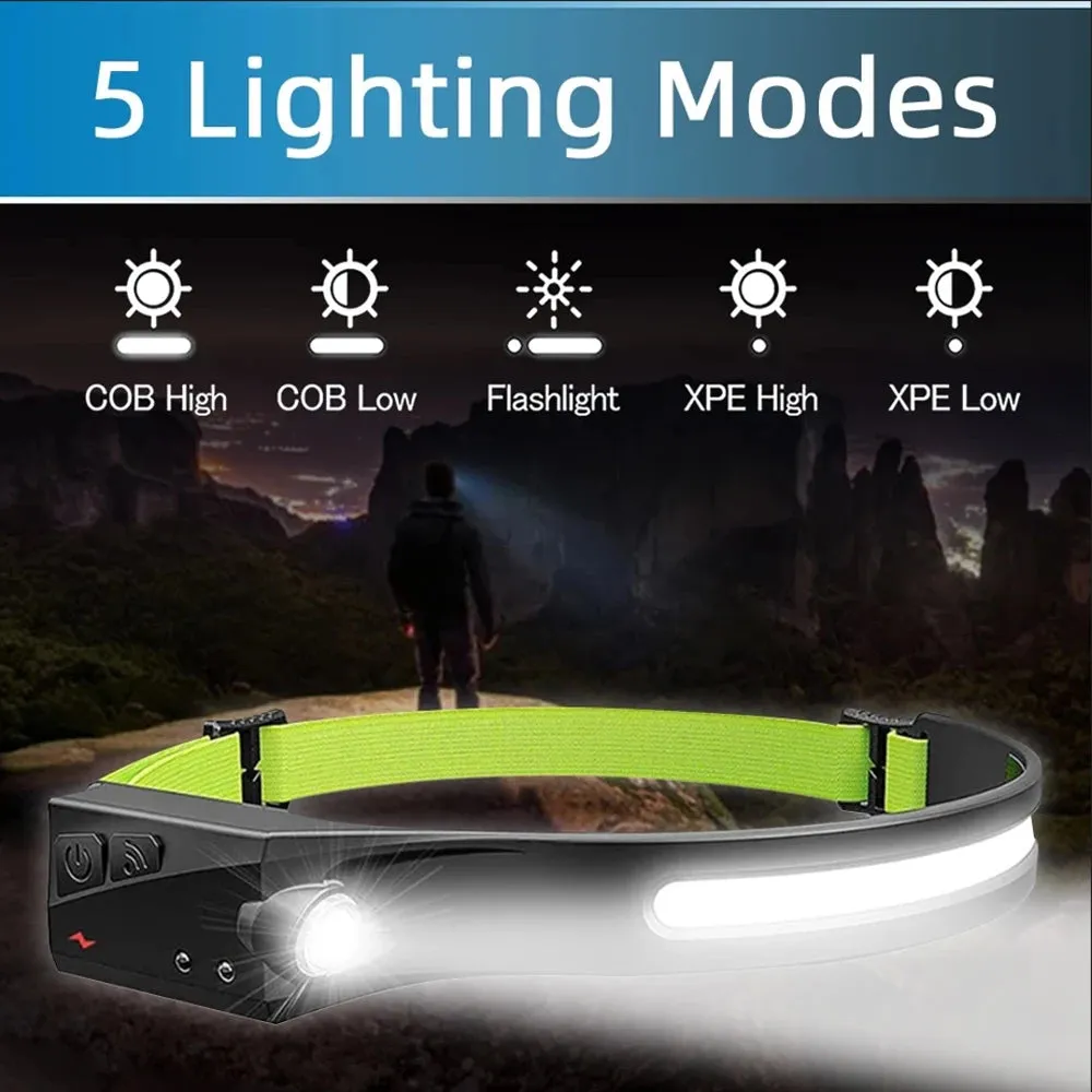COB LED Headlamp Sensor HeadlightStrong light Flashlight USB Rechargeable Head Lamp Torch 5 Lighting Modes Work Light
