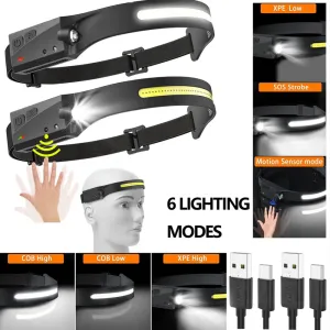 COB LED Headlamp Sensor HeadlightStrong light Flashlight USB Rechargeable Head Lamp Torch 5 Lighting Modes Work Light