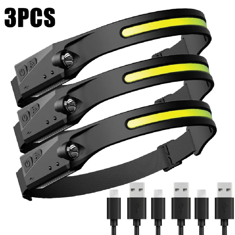 COB LED Headlamp Sensor HeadlightStrong light Flashlight USB Rechargeable Head Lamp Torch 5 Lighting Modes Work Light