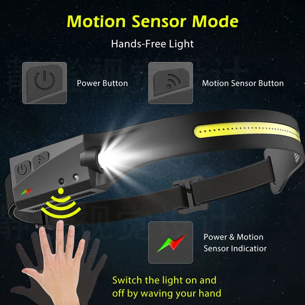 COB LED Headlamp Sensor HeadlightStrong light Flashlight USB Rechargeable Head Lamp Torch 5 Lighting Modes Work Light