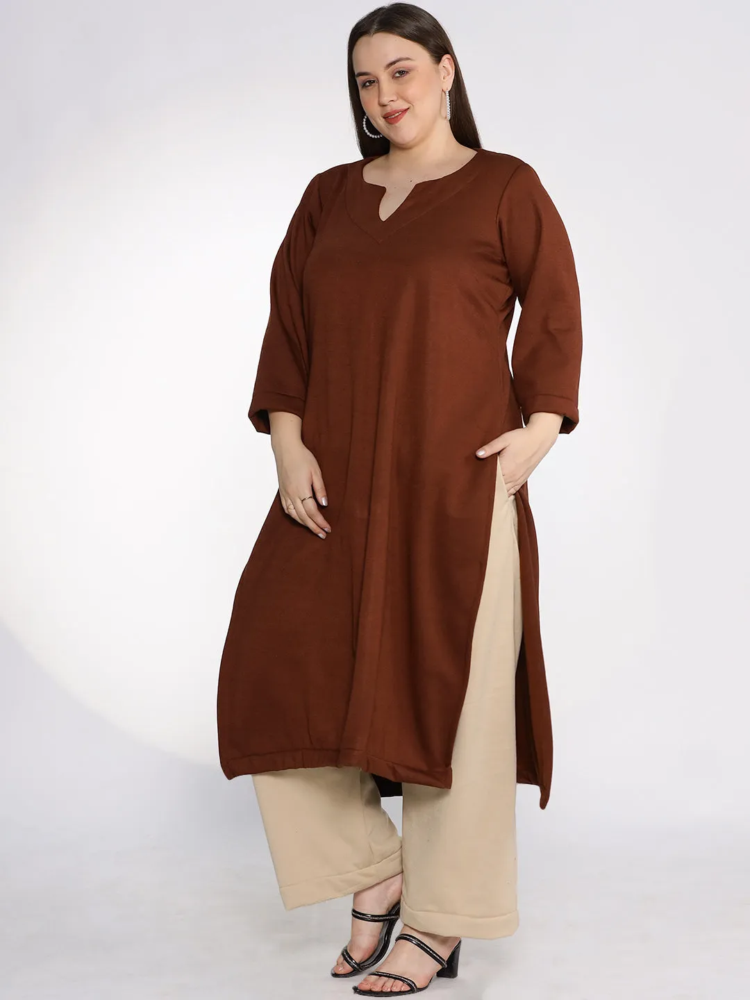 Coffee Fleece LongKurta - Solid