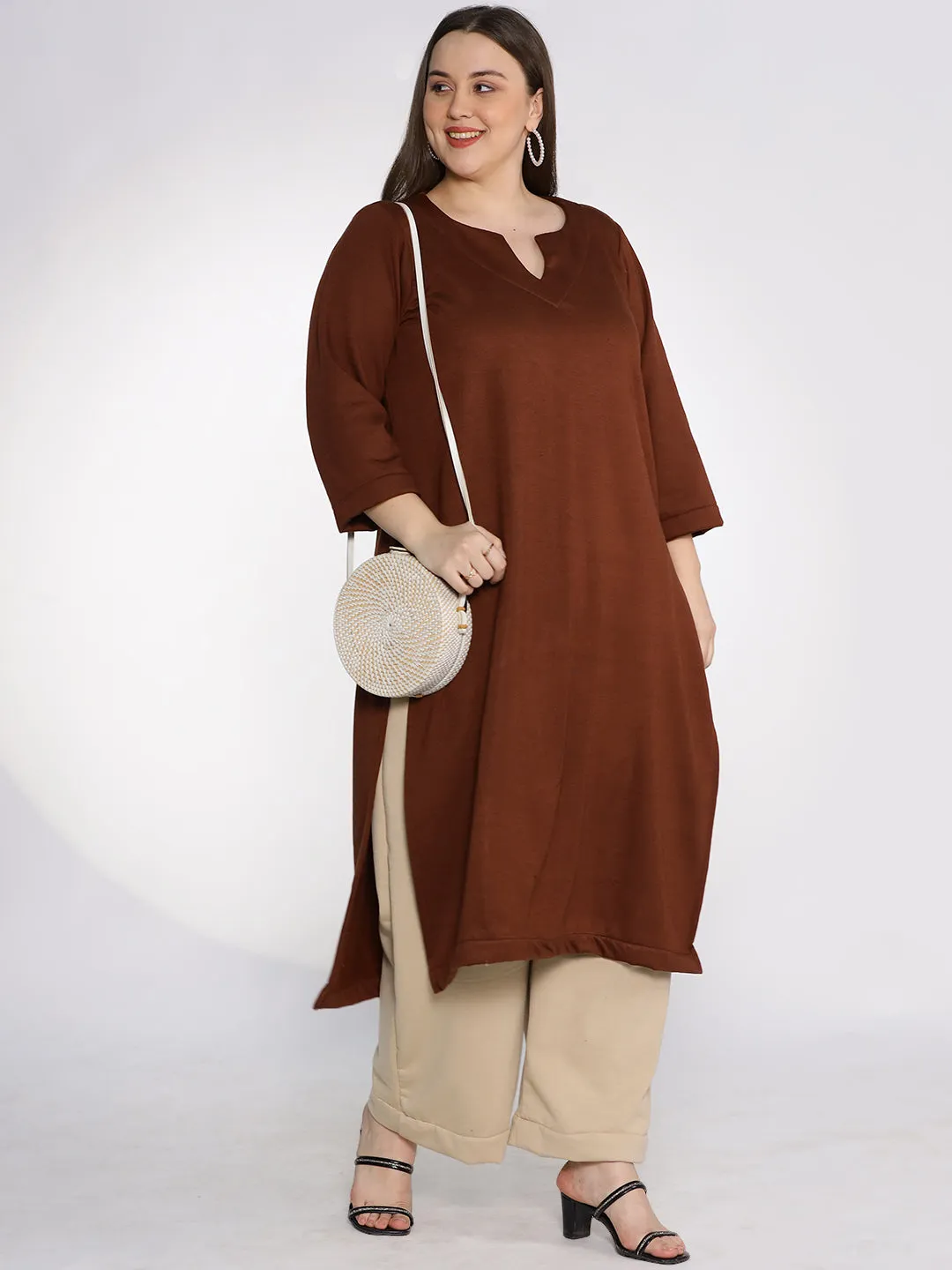 Coffee Fleece LongKurta - Solid