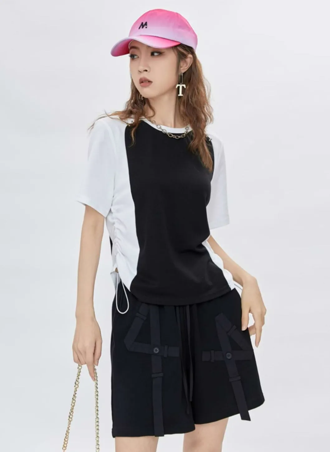 Color Block Ruched Side Short Sleeve Top