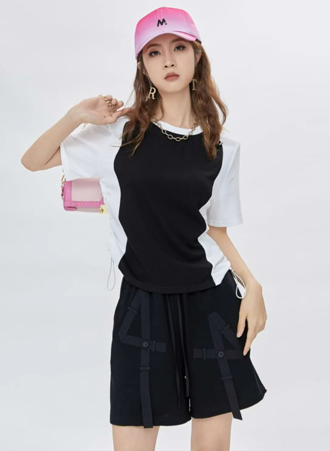 Color Block Ruched Side Short Sleeve Top