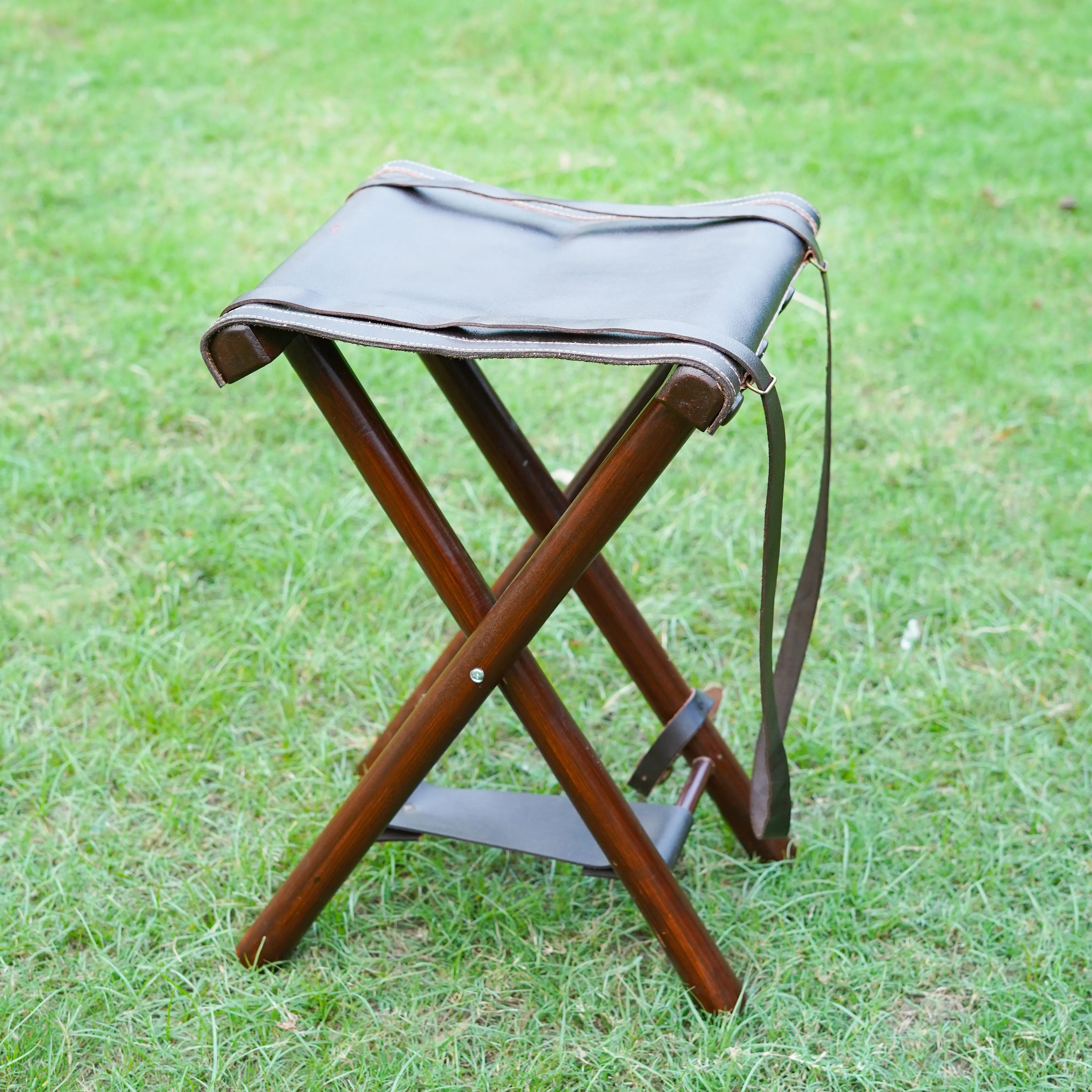 Foldable Leather Camping Stool - Safari-Ready