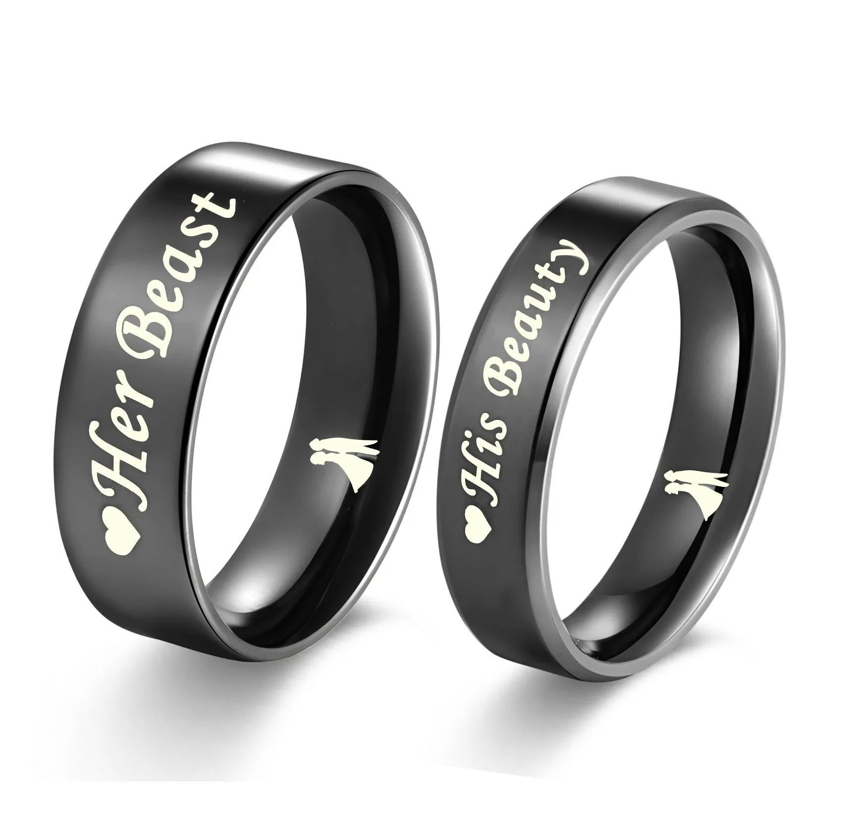 His & Hers Matching Set Beast and Beauty Couple Rings, Wedding Band Set, Valentine, Anniversary, Wedding, Promise, Engagement Ring