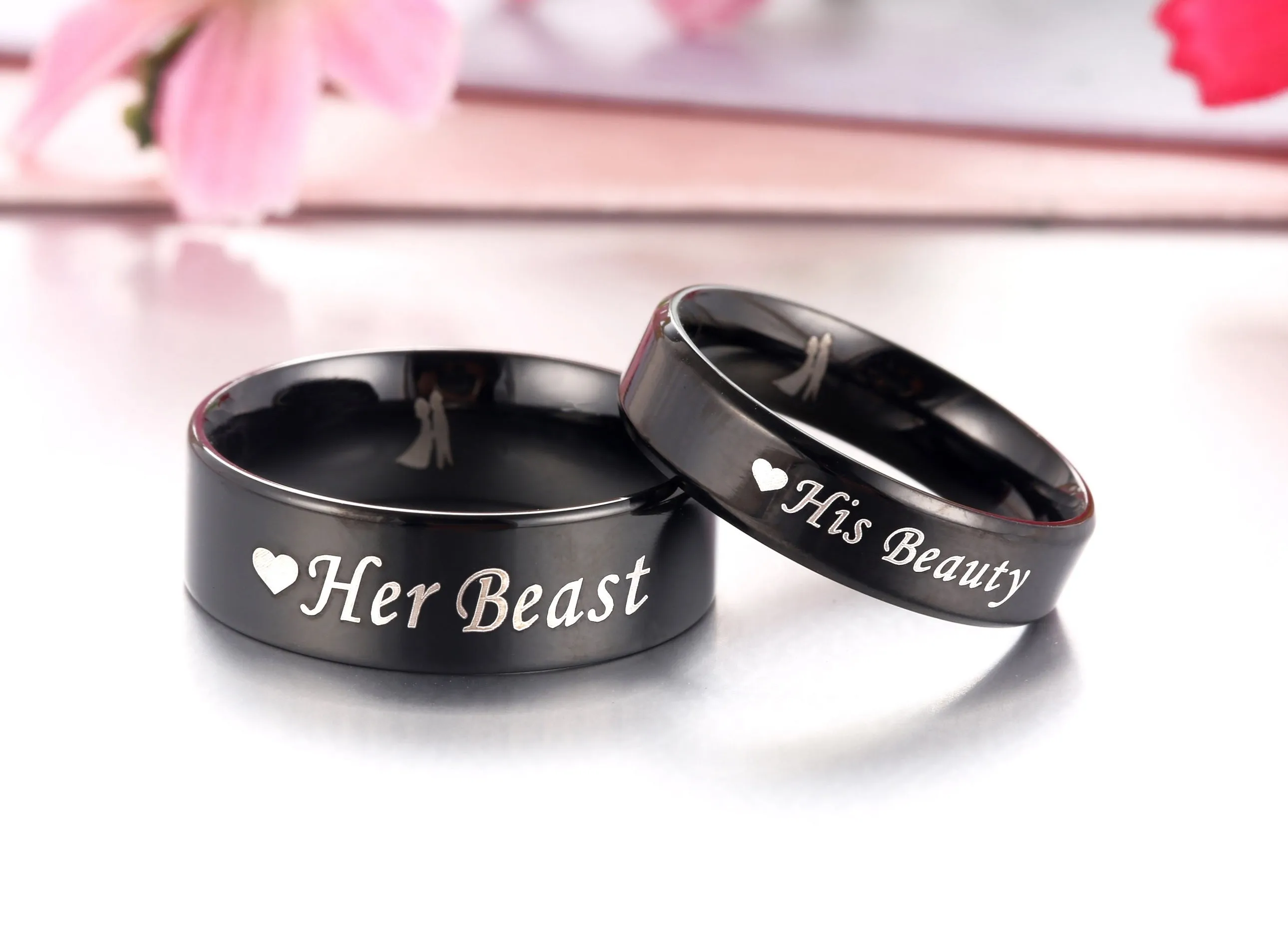 His & Hers Matching Set Beast and Beauty Couple Rings, Wedding Band Set, Valentine, Anniversary, Wedding, Promise, Engagement Ring