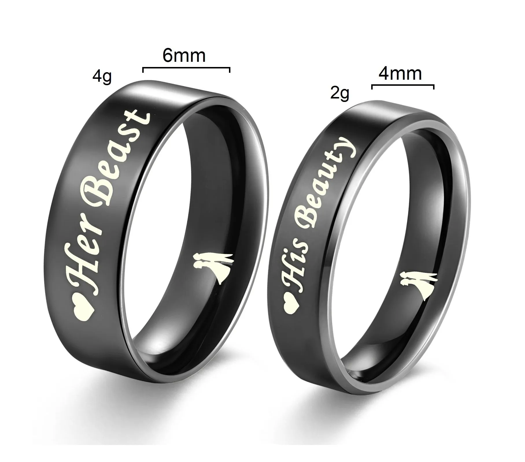 His & Hers Matching Set Beast and Beauty Couple Rings, Wedding Band Set, Valentine, Anniversary, Wedding, Promise, Engagement Ring