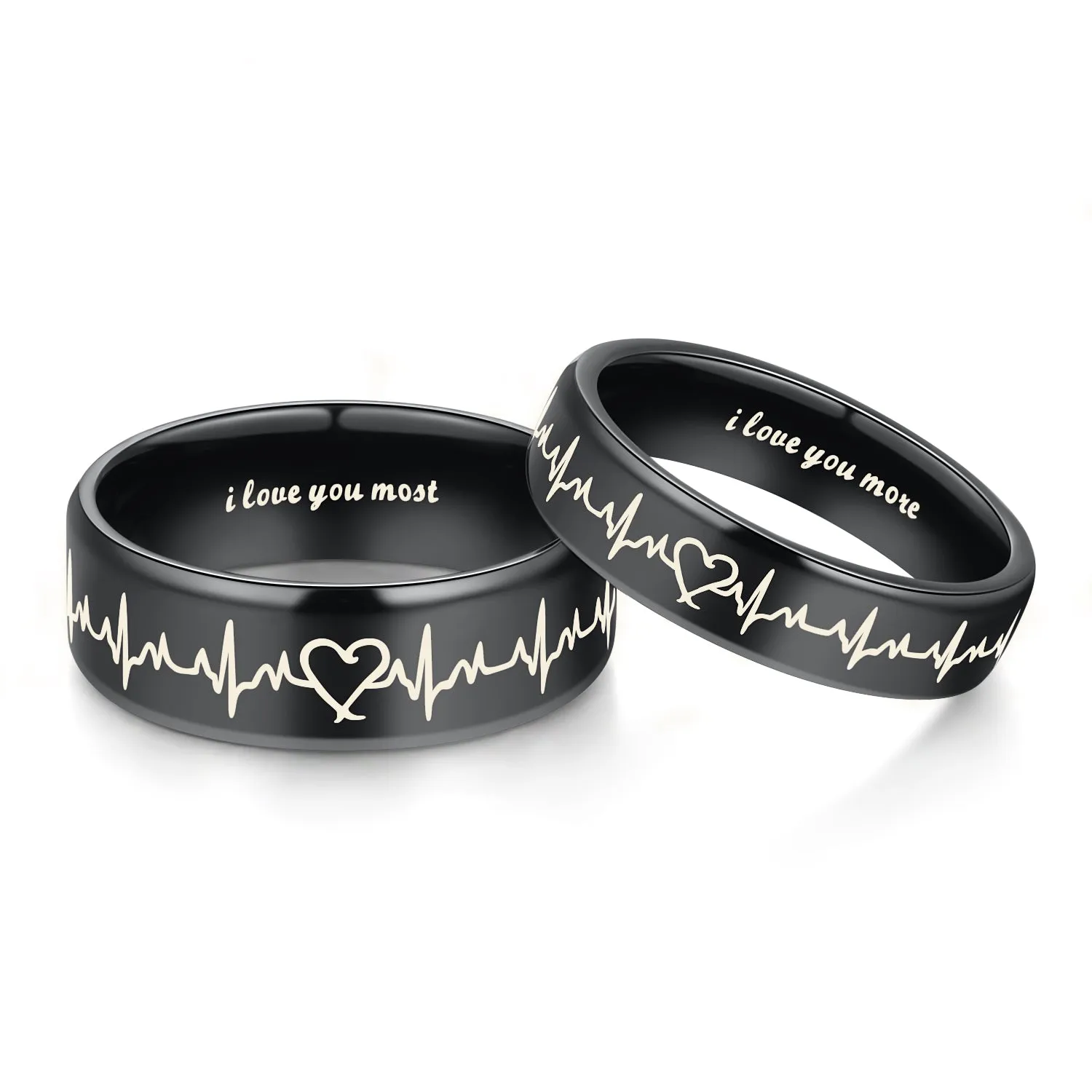 His & Hers Matching Set Heart Beat Chart Couple Rings Wedding Band Set