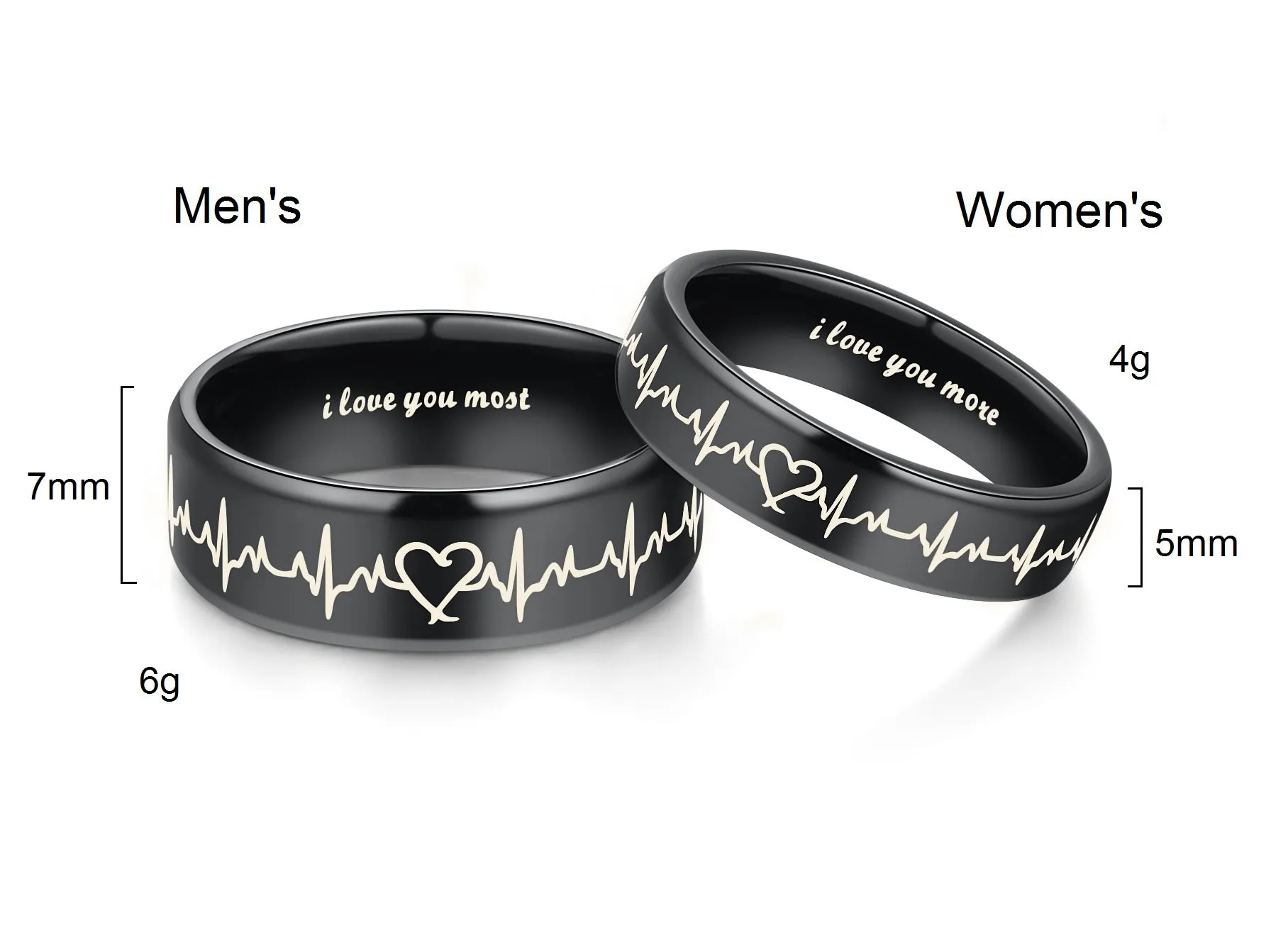 His & Hers Matching Set Heart Beat Chart Couple Rings Wedding Band Set