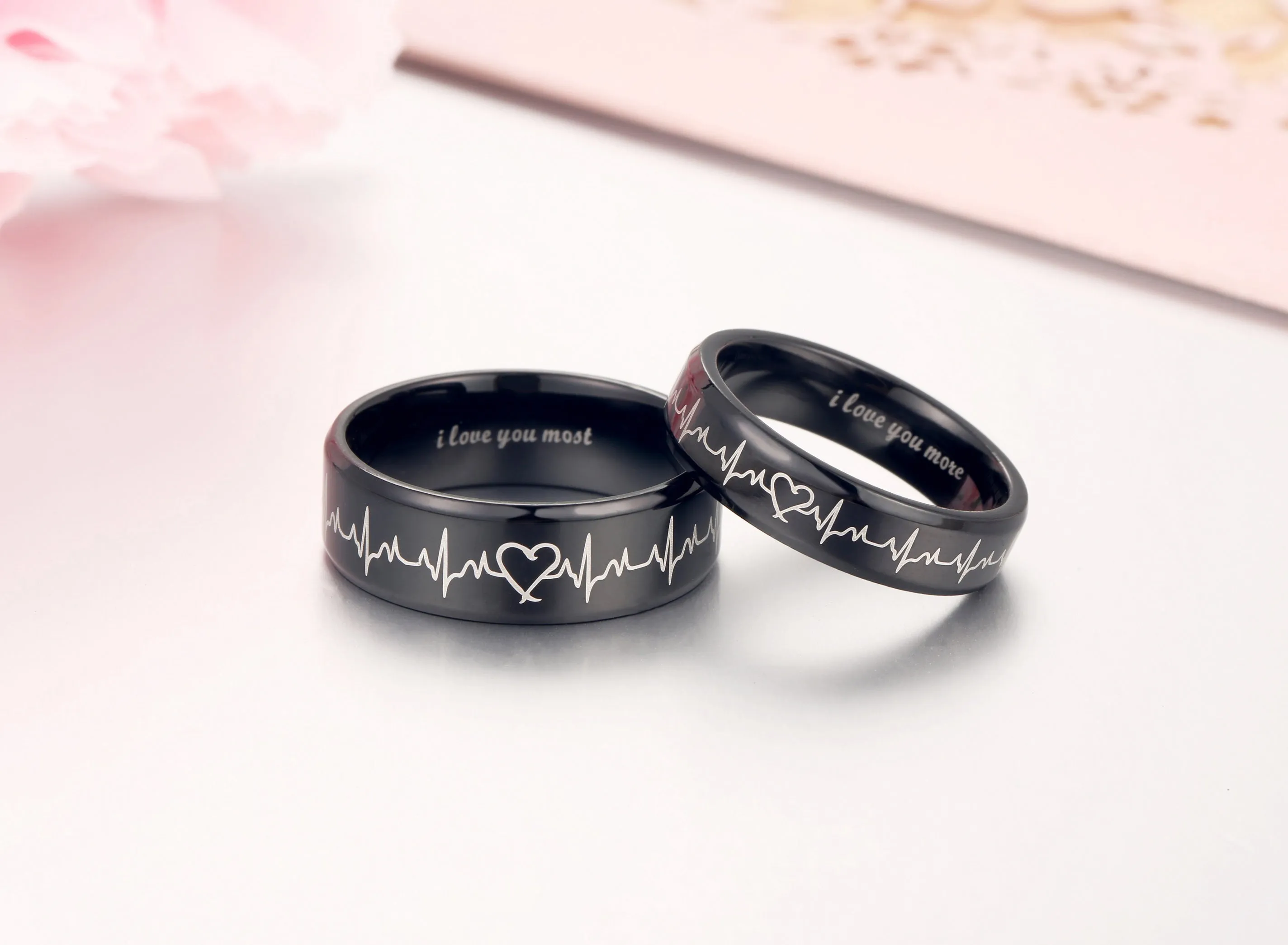 His & Hers Matching Set Heart Beat Chart Couple Rings Wedding Band Set