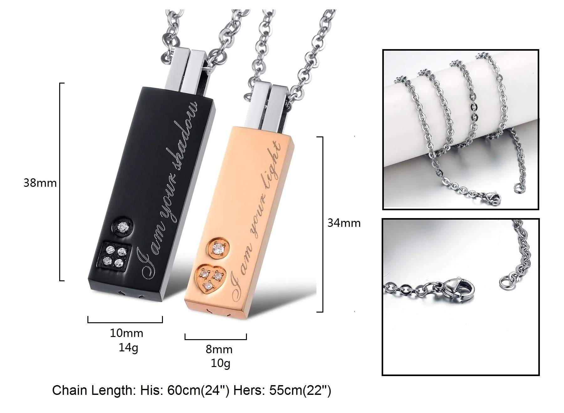 His & Hers Matching Set Light and Shadow Tag Pendant Necklace Couple Jewelry Set