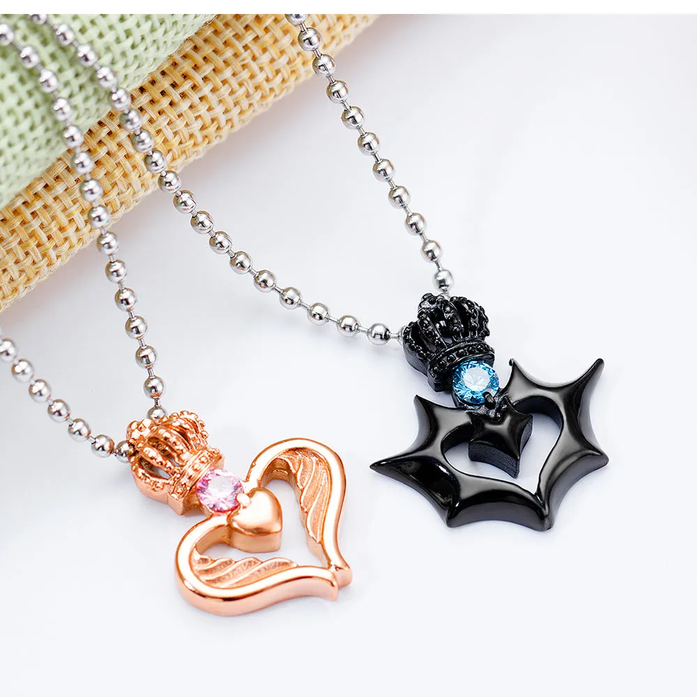 His & Hers Matching Set Valentine King Queen Pendant Necklace Couple Jewelry Set