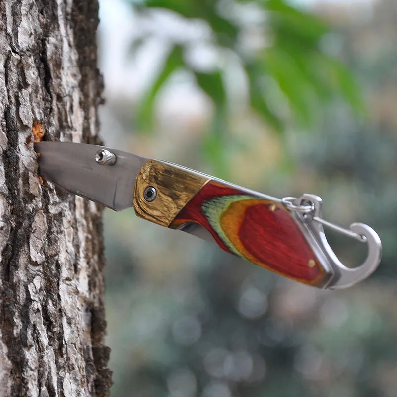 Hot Sale Keyring Knife Wooden Handle Portable Edc Camping Defense Outdoor Folding Pocket Keychain Knife