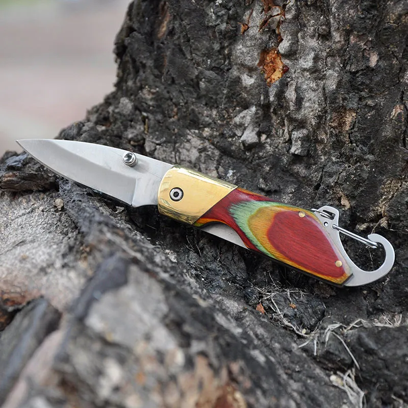 Hot Sale Keyring Knife Wooden Handle Portable Edc Camping Defense Outdoor Folding Pocket Keychain Knife
