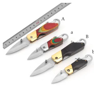 Hot Sale Keyring Knife Wooden Handle Portable Edc Camping Defense Outdoor Folding Pocket Keychain Knife