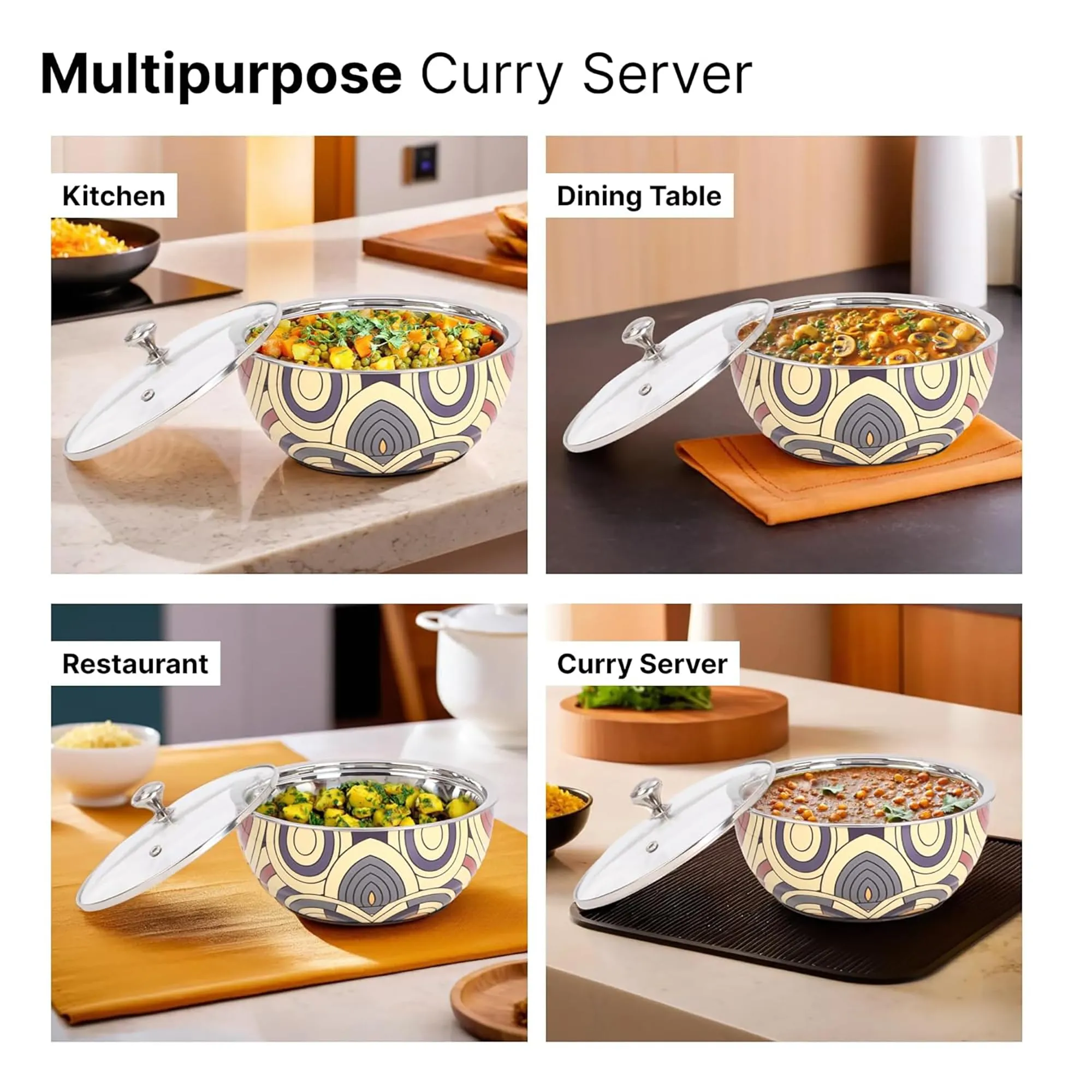 Kuber Industries Pack of 6 Stainless Steel Insulated Hotpot Roti Box with Transparent Glass Lid | 1.5L Chapati Casserole for Dining Table - Multicolor