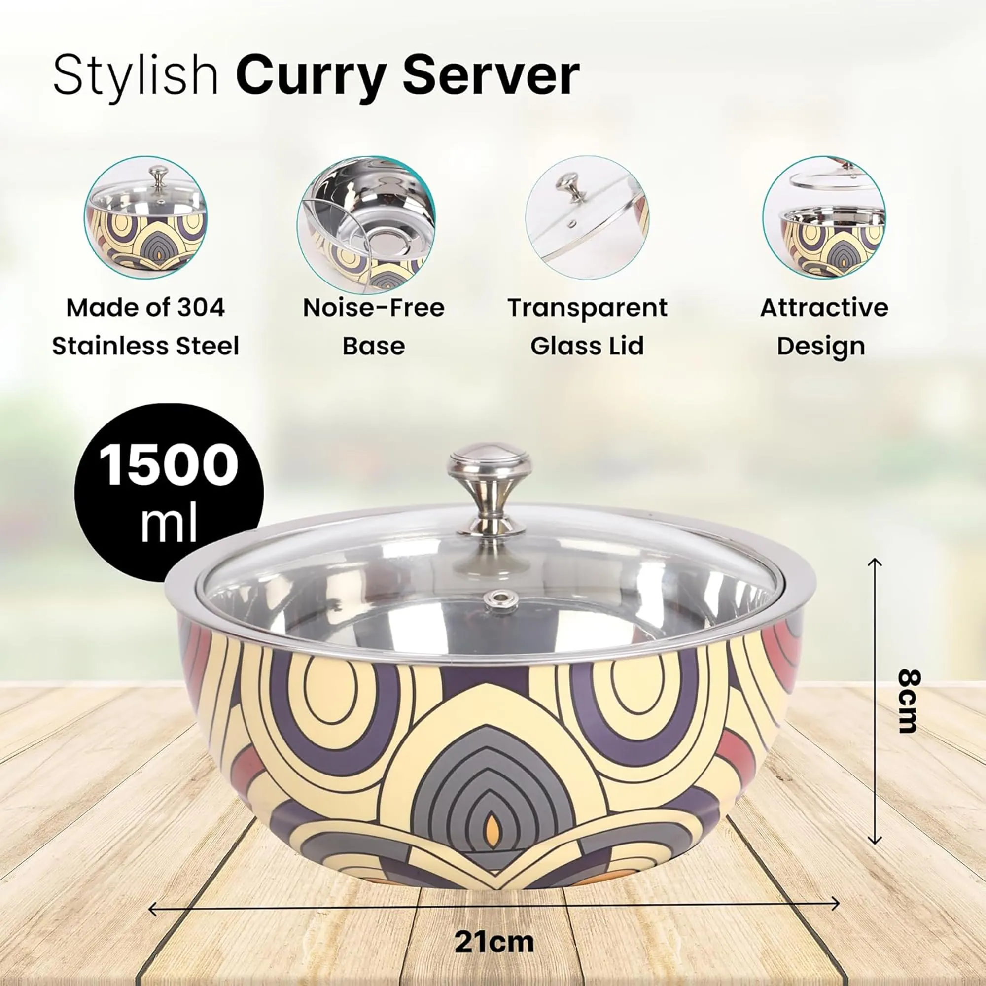 Kuber Industries Pack of 6 Stainless Steel Insulated Hotpot Roti Box with Transparent Glass Lid | 1.5L Chapati Casserole for Dining Table - Multicolor