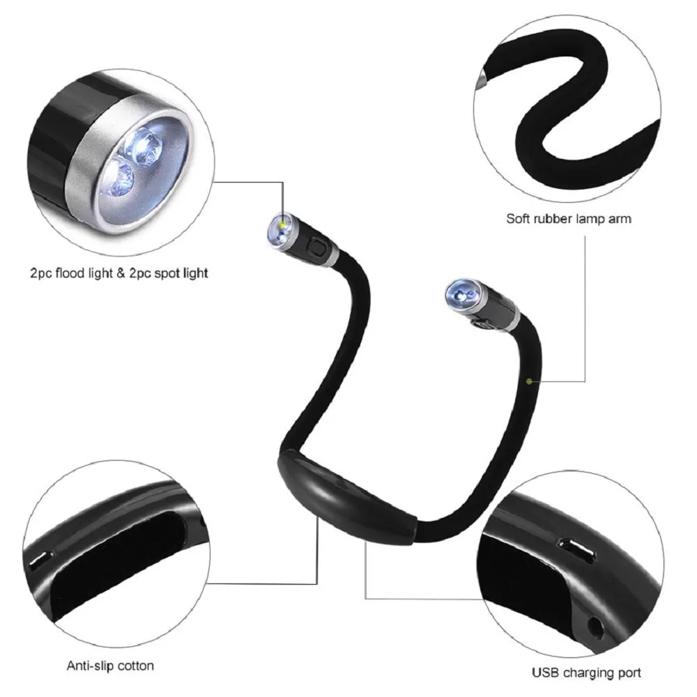 LED Neck Book Light Hands-Free Rechargeable USB Reading Lamp