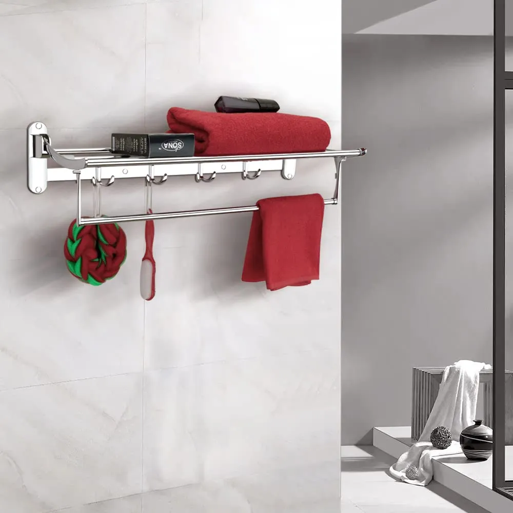 Plantex Towel Hanger for Bathroom/Stainless Steel Folding Towel Holder Stand/Towel Rack for Bathroom (24 Inch-Chrome Finish)