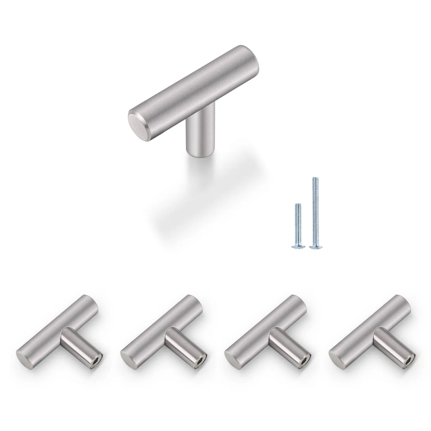 Probrico (5 Pack) Euro Style Round T Bar Satin Nickel Cabinet Knobs, Single Hole Stainless Steel Kitchen Cabinet Handles