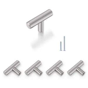 Probrico (5 Pack) Euro Style Round T Bar Satin Nickel Cabinet Knobs, Single Hole Stainless Steel Kitchen Cabinet Handles