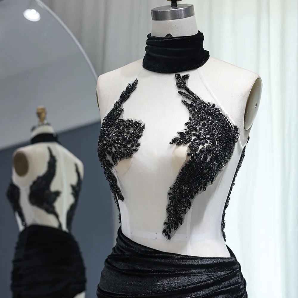 Sexy Halter Beaded Black Short Cocktail Party Dress RM007