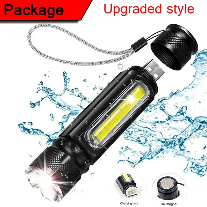 USB T6 Strong Light LED  Rechargeable Flashlight Magnetic Torch Lanter Zoomable Flashlight COB Zoom Highlight Outdoor Lighting