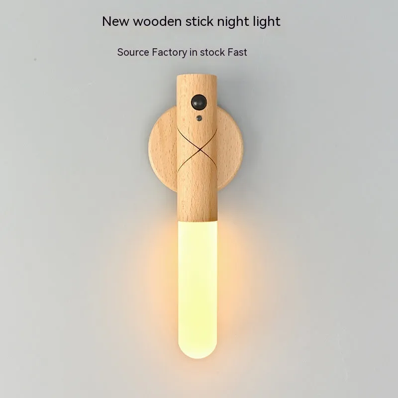 Wooden Wall Light with Motion Sensor – USB Rechargeable Indoor Night Lamp