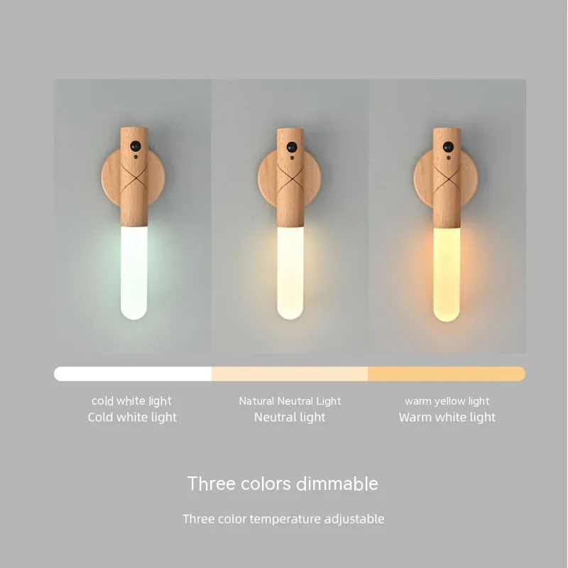 Wooden Wall Light with Motion Sensor – USB Rechargeable Indoor Night Lamp