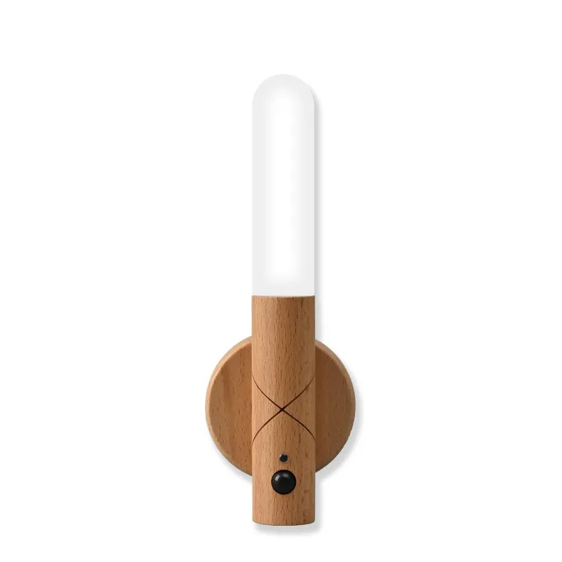 Wooden Wall Light with Motion Sensor – USB Rechargeable Indoor Night Lamp